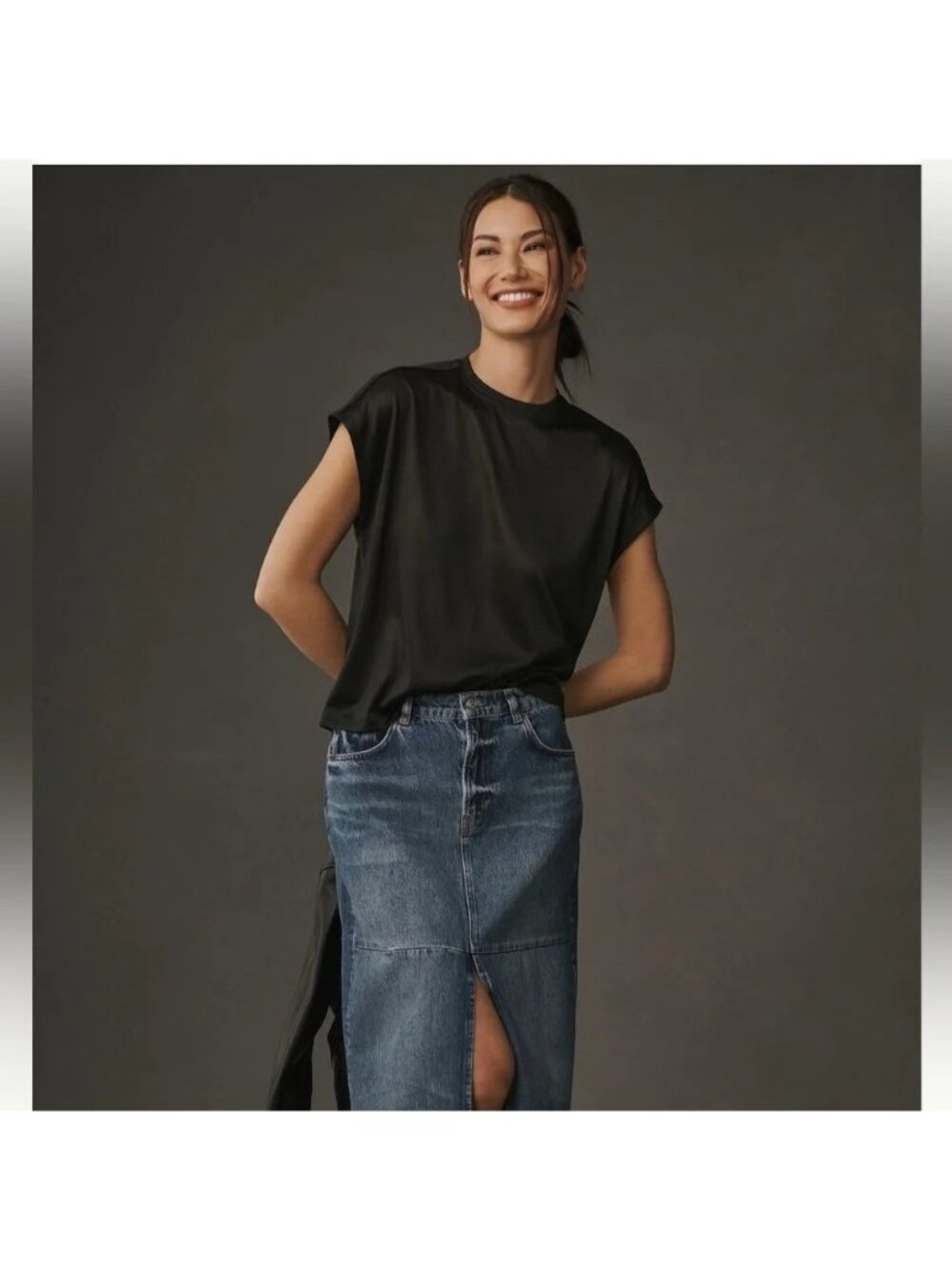 NEW Anthropologie Silky Shimmer Tee Shirt in Black Size Small